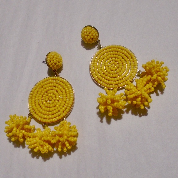 Jewelry - Yellow Beaded Pom-Pom Dangle Earrings